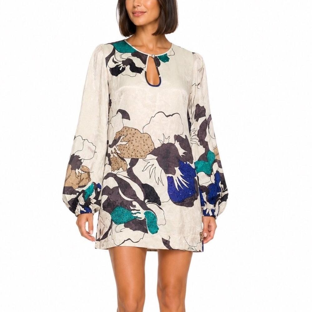M DEPT Sequin Linen Bubble Sleeve Floral Keyhole Bust Mini Shift Cocktail Dress
